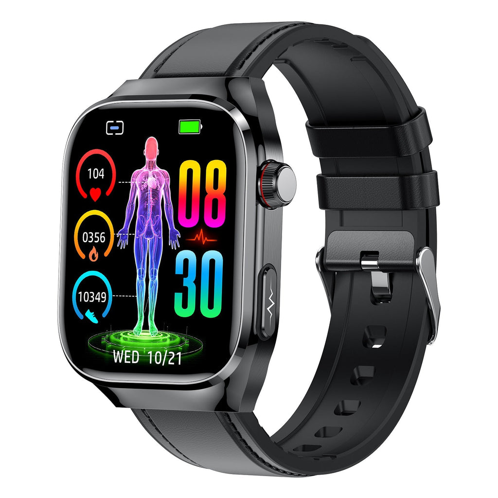 Health monitoring smartwatch with blood glucose tracking and AMOLED display front view